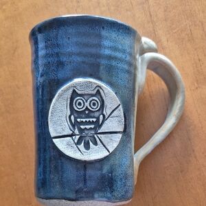 Blue & Tan Pottery Owl Mug